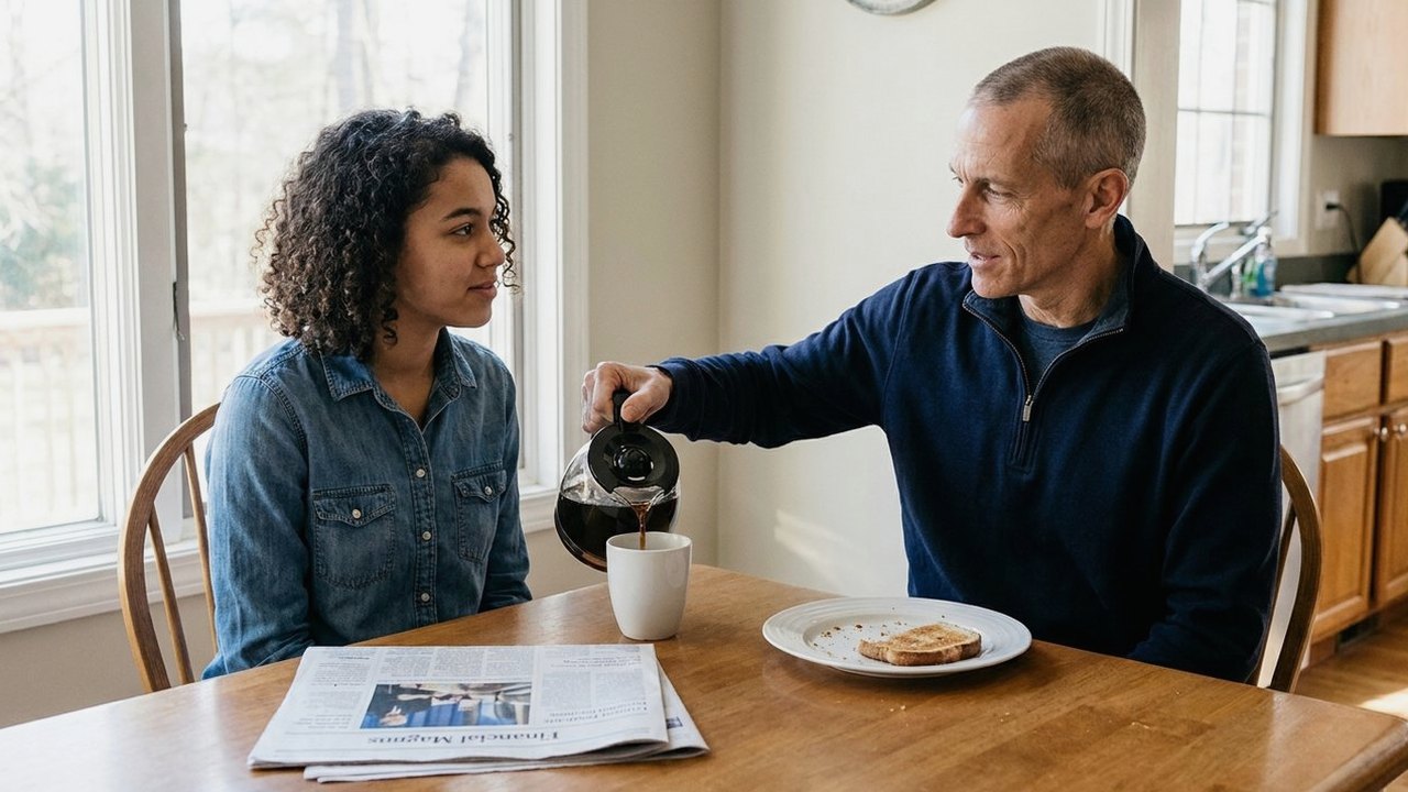 Father pouring coffee for adult daughter at breakfast nook table