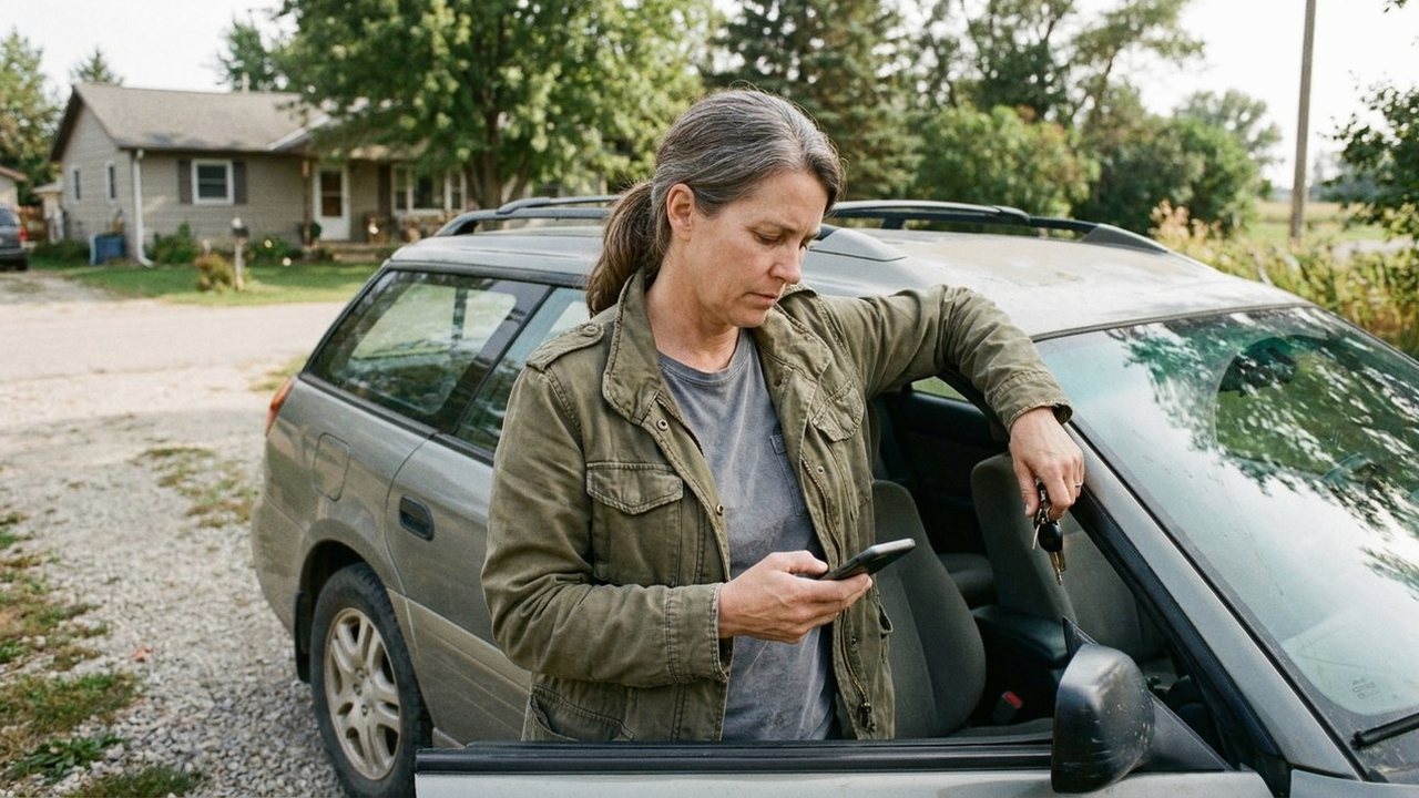 Veteran woman reading on her phone beside her SUV in driveway