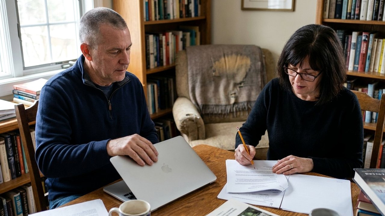 Man with close-cropped hair and his wife reviewing reports in library