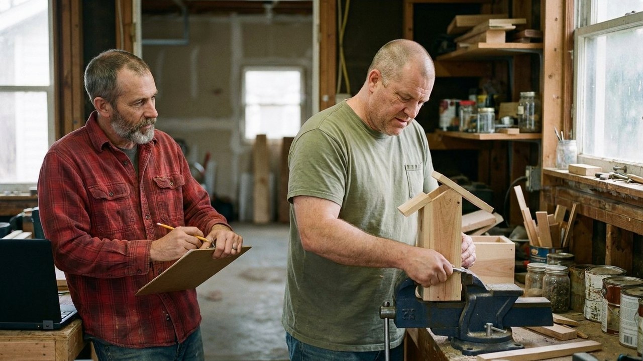Two friends at a garage workbench with a vise and clipboard