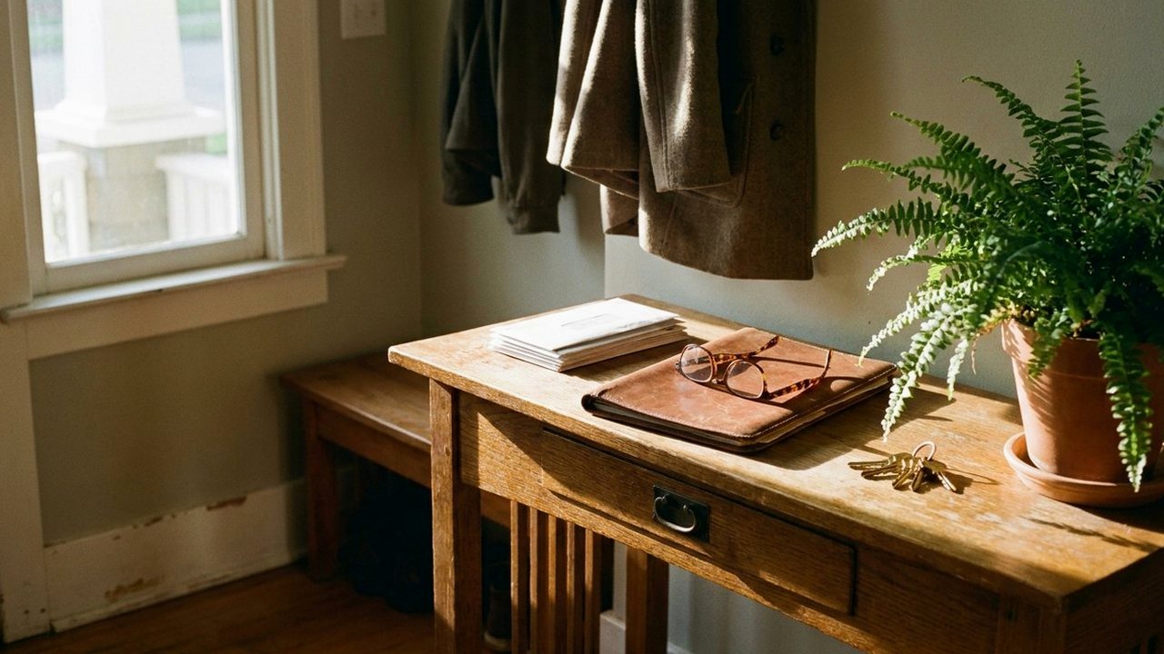 Hallway console table with mail, folder, reading glasses and keys