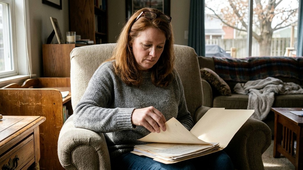 Woman in a reading chair sorting a folder of statements