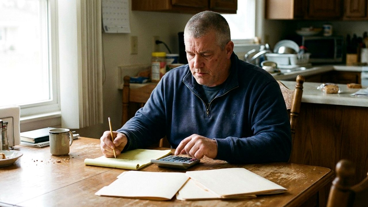 Man in his late forties using a calculator at kitchen table