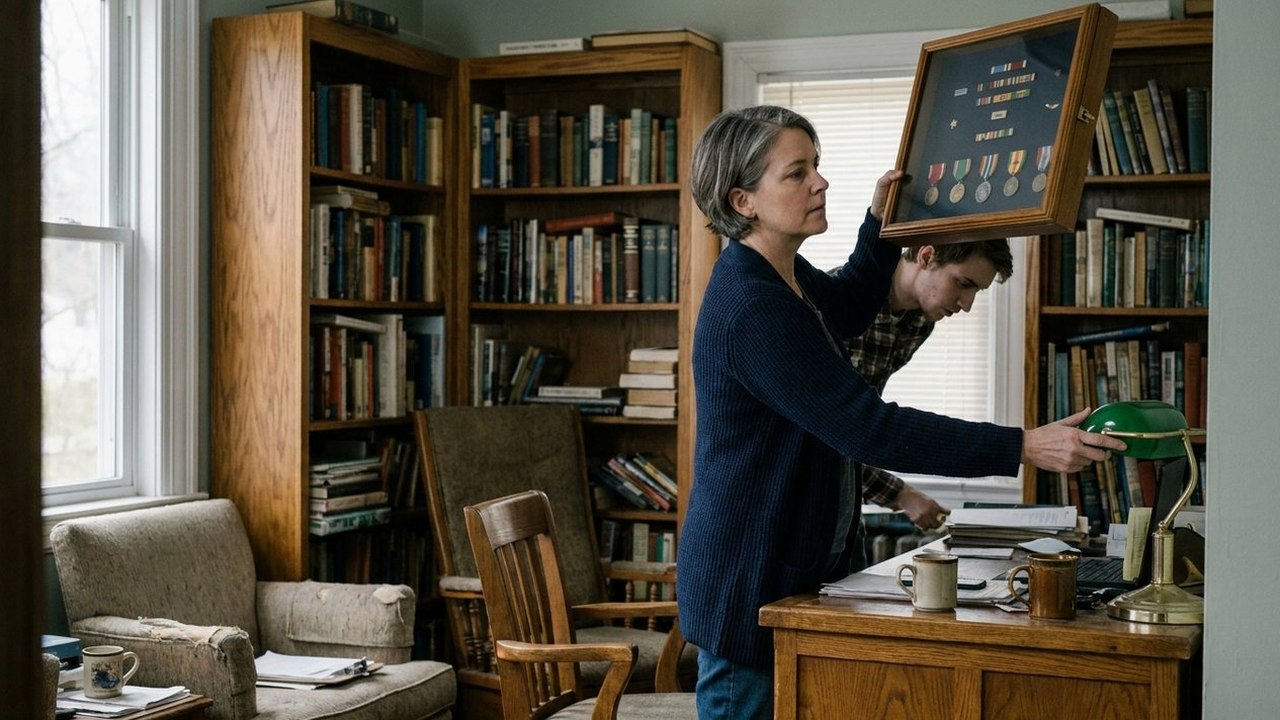 Veteran and younger colleague by bookshelves in a lamp-lit home study