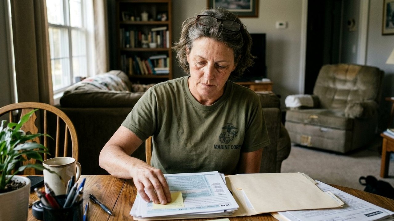 Veteran woman sorting tax documents and sticky notes at dining table