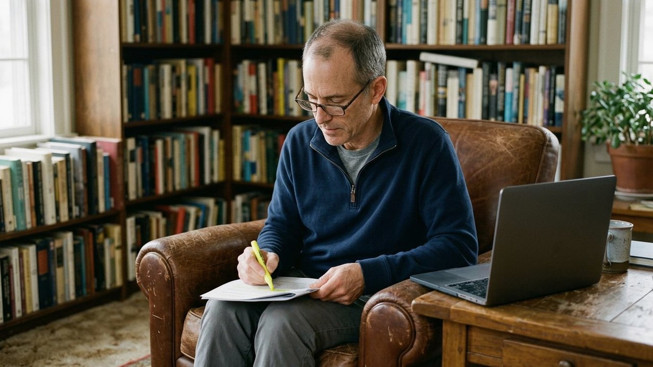 Man in his late forties highlighting a printed report in home library