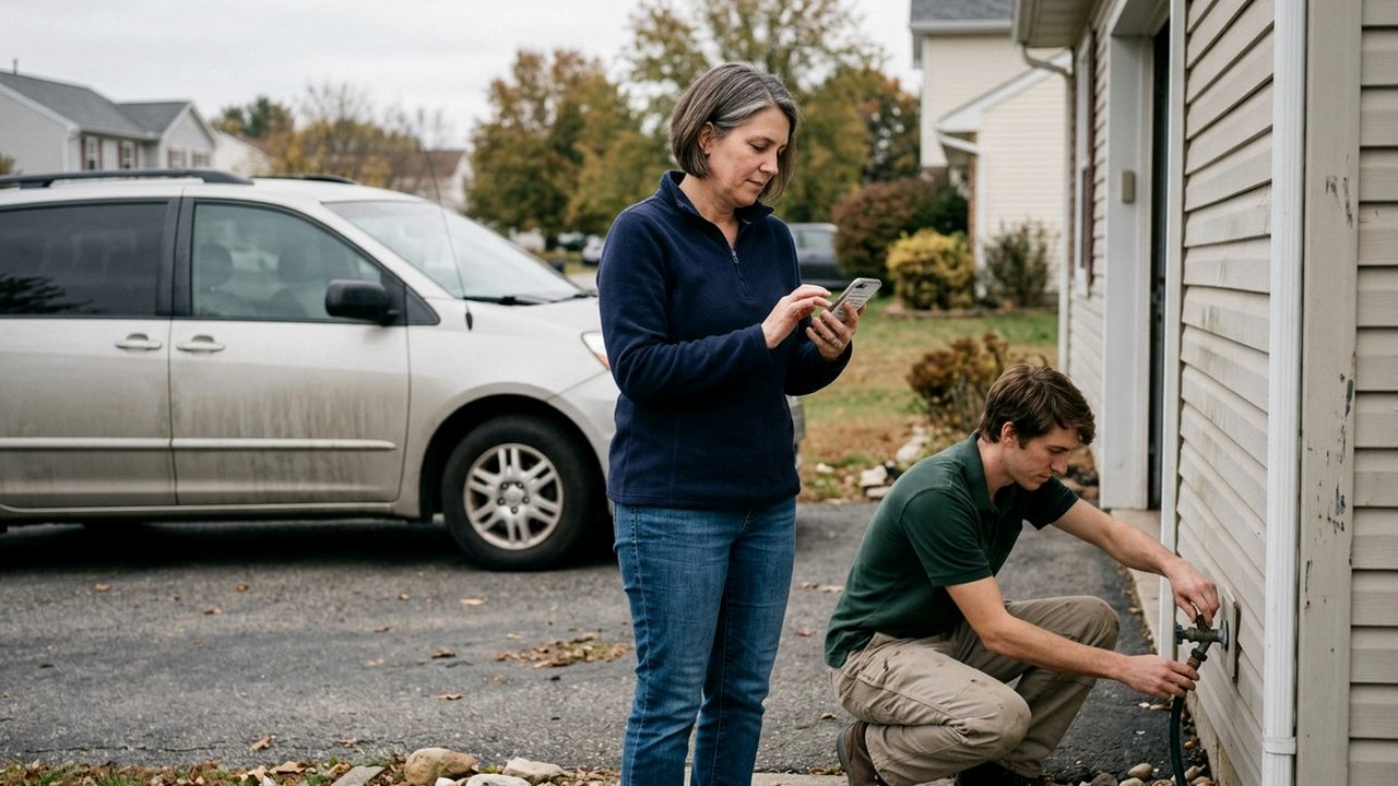 Woman reads phone by minivan while young man tests outdoor spigot