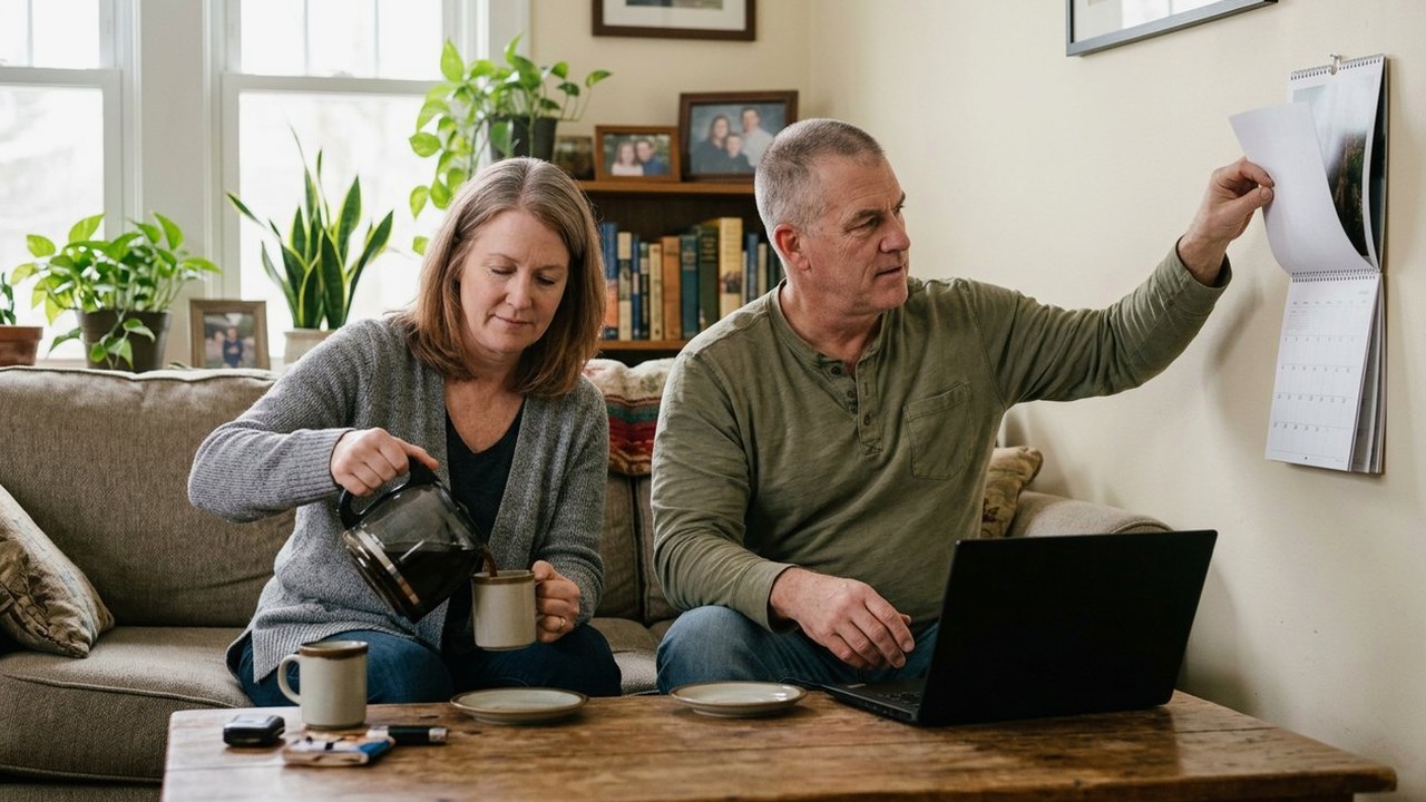 Two friends on a sofa with coffee and a wall calendar