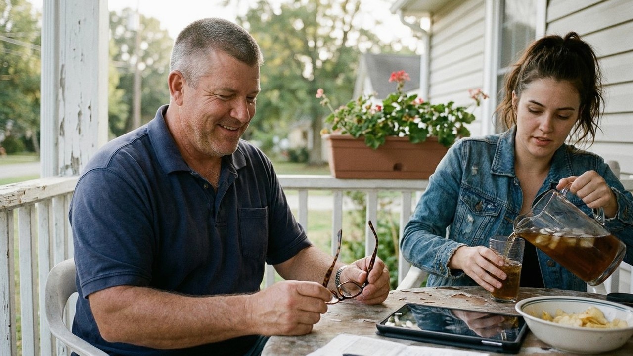 Retired veteran and adult daughter sharing iced tea at porch table